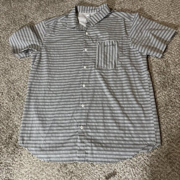 Columbia Shirt Mens Large Gray Striped Short Sleeve Vented Mesh Zip Pocket Logo - Picture 1 of 8